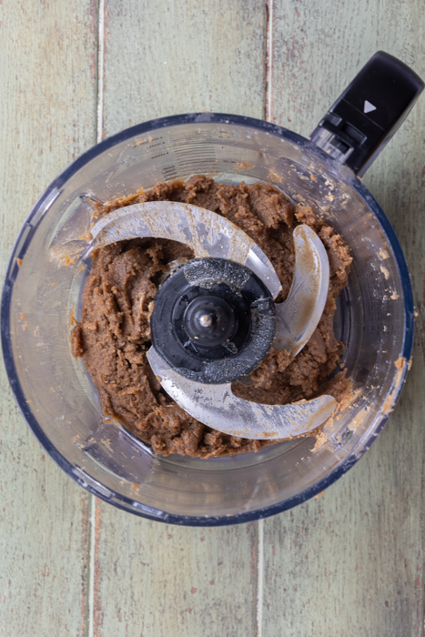 Tahini and lemon juice blended in a food processor.