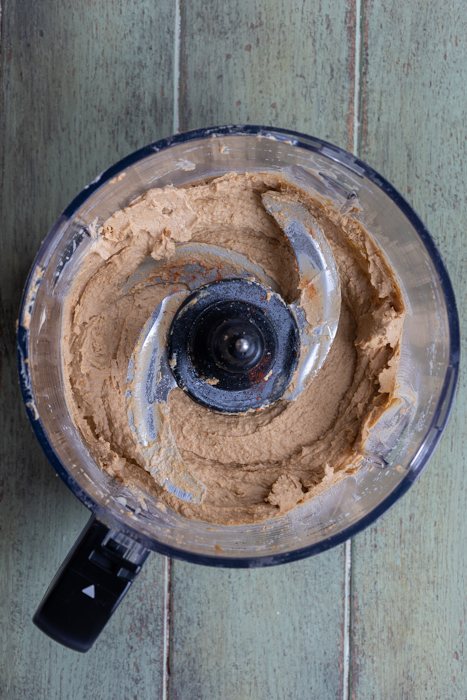 Finished hummus blended in a food processor.