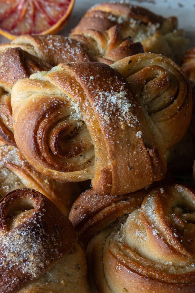 Cardamom buns laid one on top of the other.