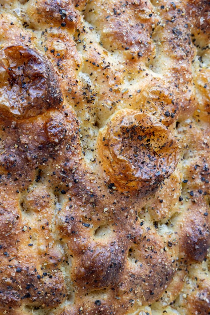 Baked discard focaccia bread up close.