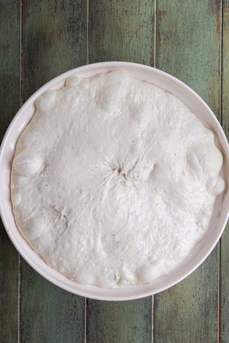 Discard focaccia dough risen in a bowl.