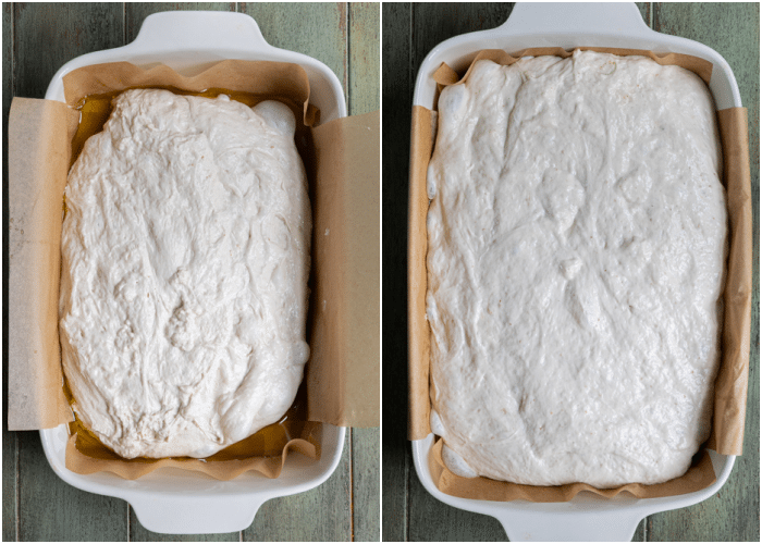 Sourdough discard focaccia in a pan and proofed.