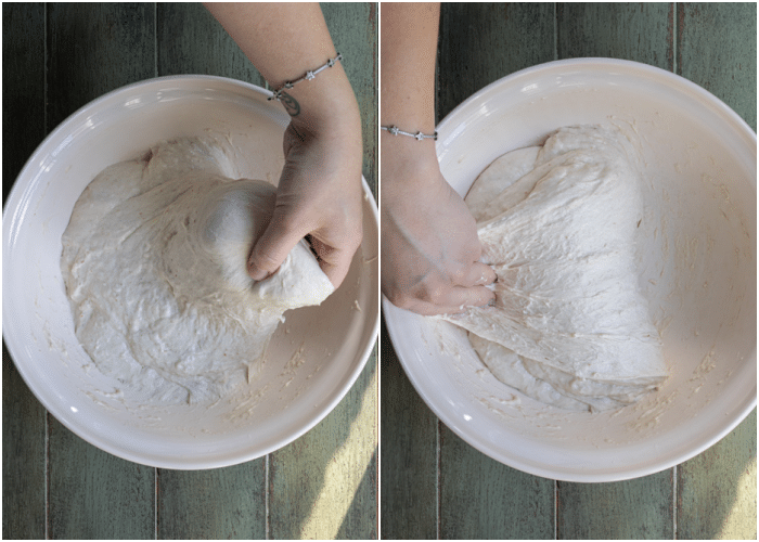 stretch and folds for the sourdough discard focaccia dough in a bowl.